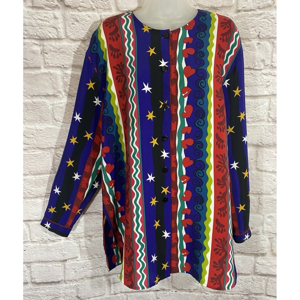 VINTAGE CIRCA‎ 1980'S CHAUS Blouse Tunic Top 16 Hearts Stars Colorful Shirt